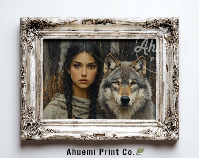Moody Earthy Portrait Printable - Young Woman with Dark Braids & Wolf, Rustic Forest Art, Folkloric Wall Decor, Instant Download 543
