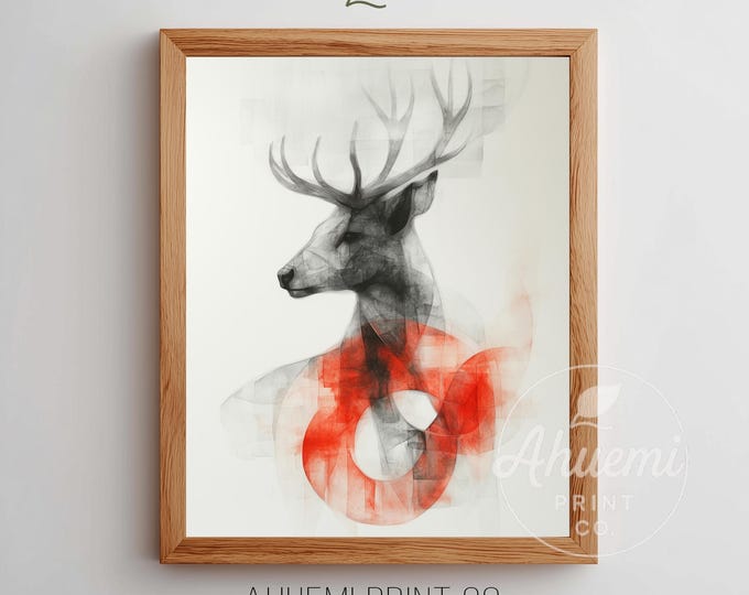 Abstract Stag Head with Red Accent, Modern Wildlife Art - Moody Neutral Decor, Minimalist Animal Print, Printable Wall Art 221