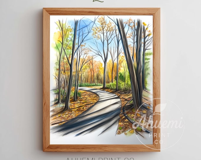 Rustic Autumn Forest Road Painting - Cozy Nature Printable Art, Fall Decor with Golden Leaves, Peaceful Winding Path, Digital Download 92