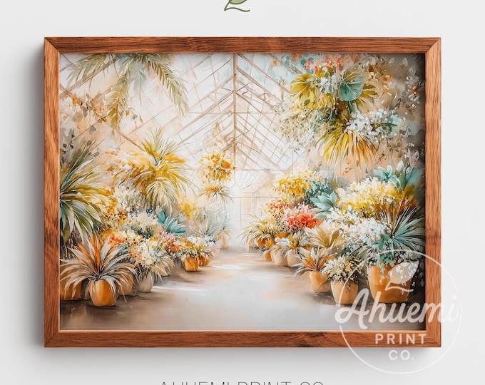Tropical Greenhouse Watercolor Print – Botanical Cottagecore Art (Digital Download)