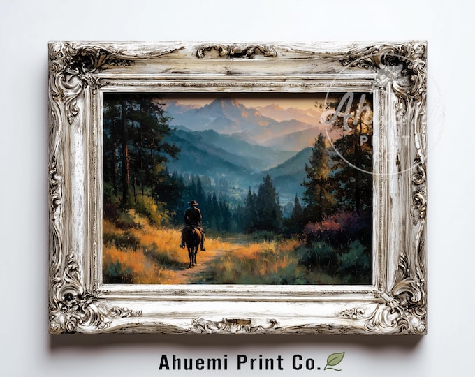Rustic Cowboy on Horseback, Sunset Trail Art - Western Landscape Painting, Moody Vintage Printable Wall Art, Pine Forest Decor Digital 397