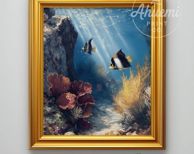 Tranquil Coastal Seascape with Coral Reef & Tropical Reef Fish - Serene Ocean Painting, Nautical Beach House Printable Wall Art Download 467