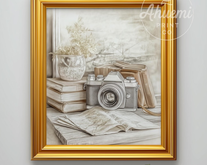Vintage Camera Art Print – Rustic Sepia Drawing, Farmhouse Decor (Instant Download)