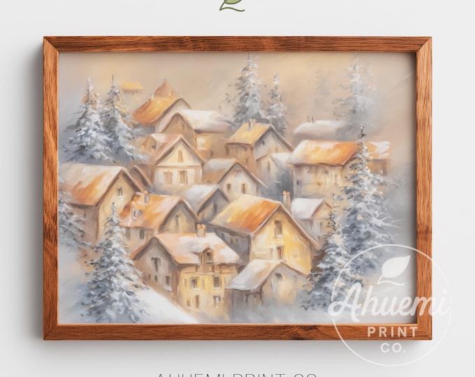 Foggy Mountain Village Print – Snowy Cottages Watercolor (Digital Download)