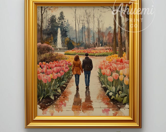 Couple on a Spring Garden Pathway - Romantic Cottagecore Art, Moody Watercolor Scene, Printable Peaceful Wall Art, Digital Download 569