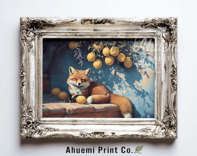 Rustic Fox Under Lemon Tree - Cozy Sunlit Scene, Vintage Cottagecore Decor, Warm Mediterranean Tones, Printable Artwork, Digital Print 555