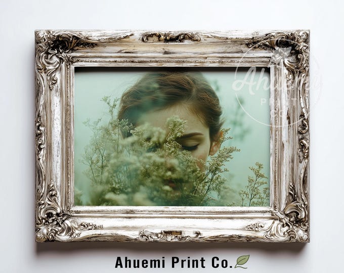 Vintage Female Portrait Print – Moody Wildflower Cottagecore Art (Digital Download)
