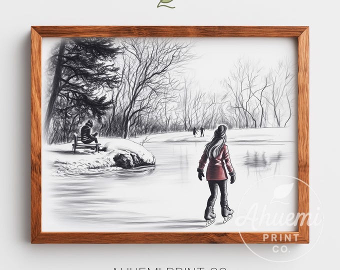 Winter Ice Skating Pond Art Print – Cozy Country Landscape (Digital Download)