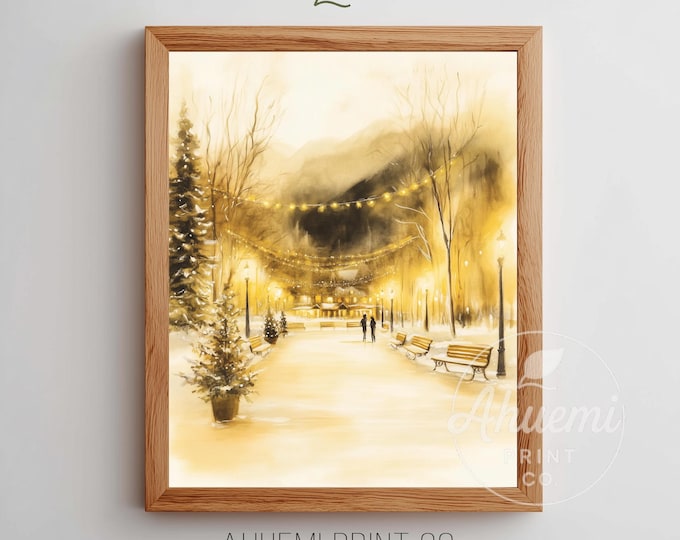 Cozy Winter Village Printable Art - Festive Ice-Skating Scene, Vintage Christmas Square, Glowing Winter Atmosphere, Digital Download 232