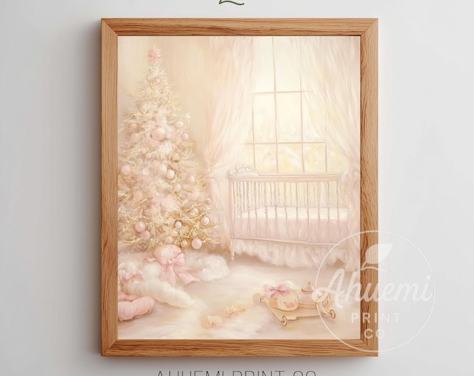 Printable Christmas Nursery Art - Pink Tree with Ornament, Cozy Festive Scene, Pastel painting, Soft and Neutral Winter Decor, Digital 156