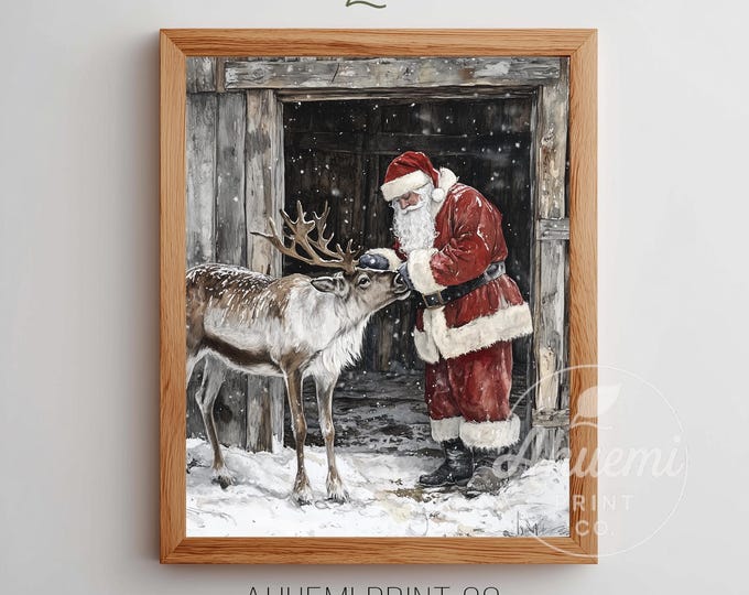 Santa Feeding Reindeer Print, Rustic Holiday Wall Art, Christmas Decor, Digital Download, Holiday Artwork