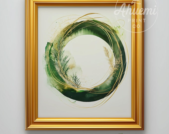 Pine Green Wreath Watercolor Art – Gold Accent Holiday Print (Digital Download)