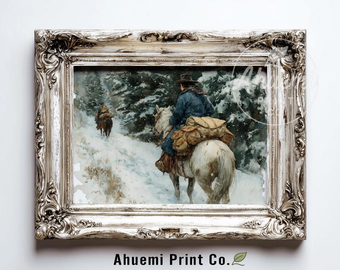 Vintage Winter Western Wall Art, Printable Cowgirl and Packhorse in Snowy Mountain, Rustic Moody Scene, Digital Painting Download 409