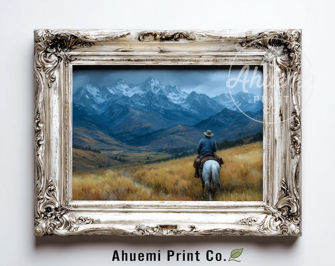 Rustic Cowboy on Prairie Trail - Vintage Western Landscape Art, Moody Road to Snowy Mountains, Fall Frontier Decor, Printable Digital  386