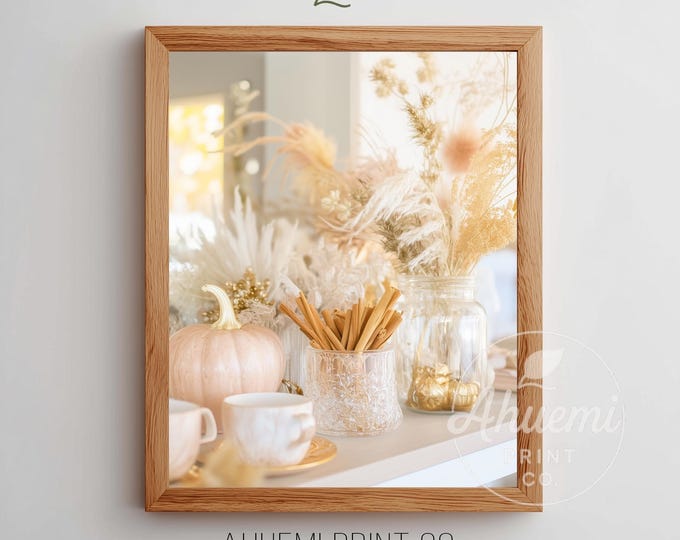 Cozy Fall Kitchen Shelf Still Life - Rustic Autumn Decor with Ceramic Mugs, Dried Grasses, Printable Wall Art, Digital Download 82