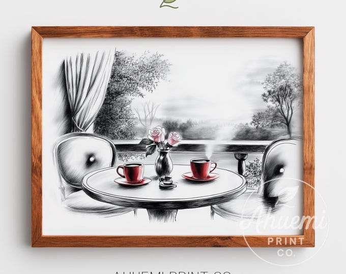 Cozy Café Table for Two Printable Art - Vintage Black and White Sketch with Red Mugs, Romantic Wall Decor, Digital Download 45