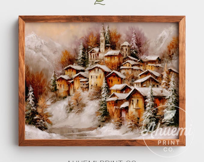 Winter Village Watercolor Print – Rustic Mountain Scene (Digital Download)