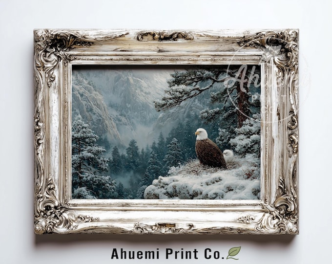 Moody Winter Bald Eagle Printable - Majestic Wildlife Art, Rustic Nature Scene, Snowy Nest with Egg, Evergreen Trees, Digital Download 441