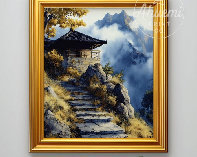 Balinese Temple Pavilion on Misty Hillside - Tranquil Asian Landscape Art, Autumnal Scene, Serene Nature Decor, Printable Wall Art 499
