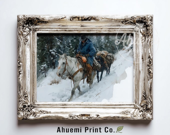 Rustic Winter Cowgirl on Horseback Print - Moody Snowy Trail Painting, Western Landscape, Farmhouse Cabin Decor, Digital Art Download 410