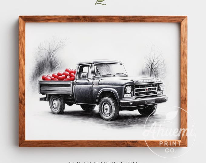 Vintage Pickup Truck Heart Balloons Print – Rustic Farmhouse Wall Art (Digital Download)