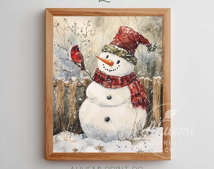 Snowman and Cardinal Watercolor Winter Print – Festive Farmhouse Decor (Digital Download)