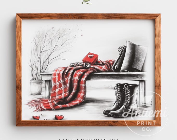 Rustic Farmhouse Bench Print, Cozy Black-and-White Art with Red Plaid Blanket and Heart Box, Printable Wall Decor, Instant Download 50