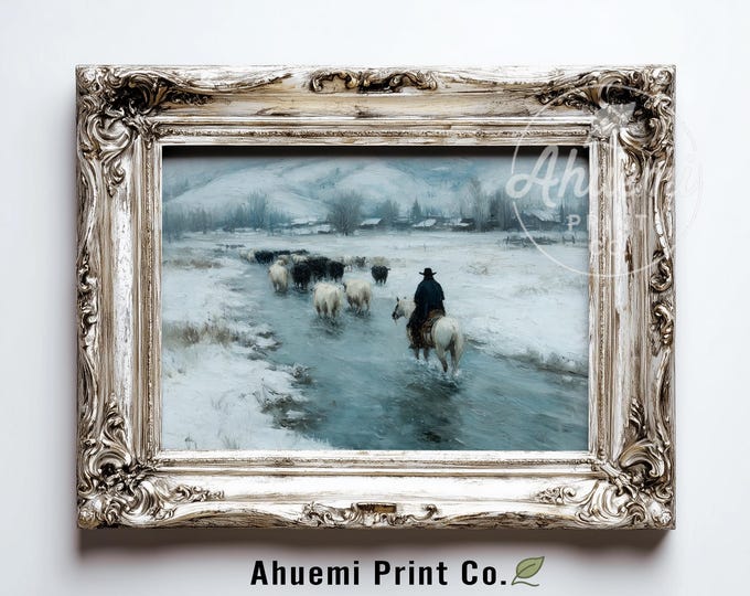 Rustic Cowboy and Cattle on Icy Stream - Moody Winter Landscape, Pastoral Western Scene, Vintage Farmhouse Decor, Printable Digital Art 384