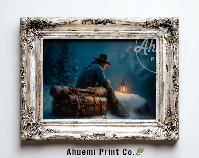 Moody Cowboy Camp in Winter Landscape - Rustic Western Scene, Lantern Glow, Vintage Saddle Art Print, Solitary Night, Digital Download 424