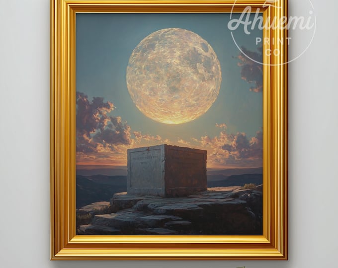 Surreal Orb in Sunset Painting - Dramatic Fantasy Art, Cinematic Glass Orb & Stone Plinth, Earthy Evening Decor, Instant Download 504