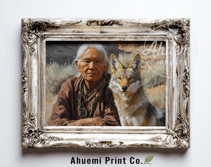 Rustic Elder and Fox Portrait - Timeless Vintage Art Print, Earthy Tones, Muted Realism, Contemplative Wall Decor, Printable Download 505