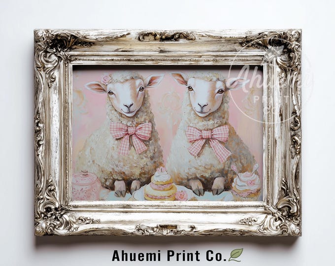 Printable Sheep in Pink Bows Illustration - Cute Cottagecore Farmhouse Decor, Pastel Watercolor Art, Vintage-Inspired Print, Download 535