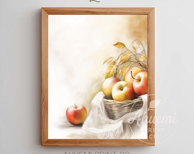 Rustic Still Life Apple Print, Cozy Vintage Wall Art, Autumn Farmhouse Decor, Warm Watercolor Digital Download, Printable Fruit Art 87