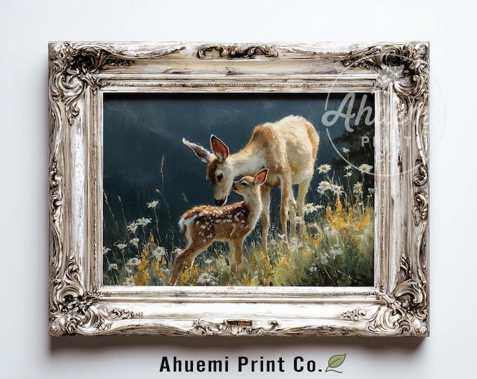 Rustic Mule Deer and Fawn Printable - Serene Pastoral Painting, Cottagecore Wildlife Art, Earthy Meadow Scene, Digital Download 431