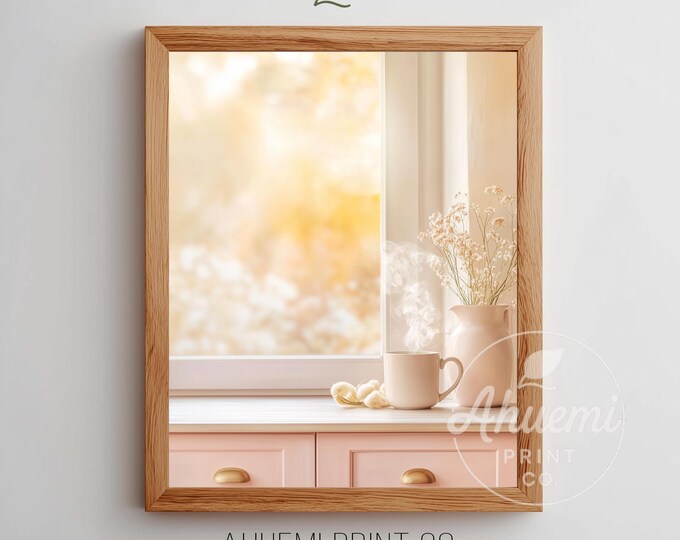 Cozy Kitchen Windowsill Art Print – Pink Cottagecore Holiday Lights (Digital Download)