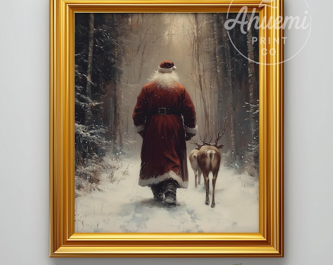 Vintage Santa and Reindeer Print – Snowy Winter Forest (Digital Artwork)