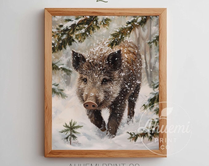 Rustic Wild Boar Painting – Winter Piglet in Snow (Digital Download)