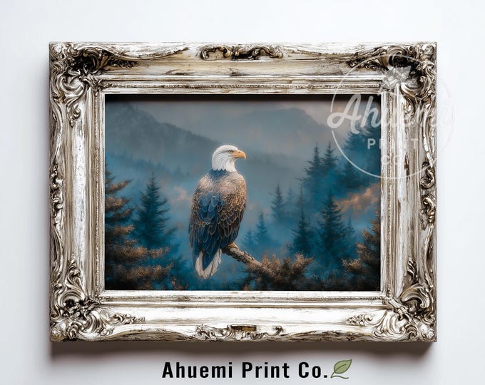 Moody Bald Eagle Printable - Winter Landscape Art, Rustic Wildlife Painting, Serene Forest Decor, Mountain Backdrop Digital Download 485