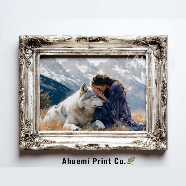Rustic Woman and Wolf in Alpine Meadow - Moody Cottagecore Wall Art, Serene Nature Scene, Printable Vintage Digital Painting Download 541