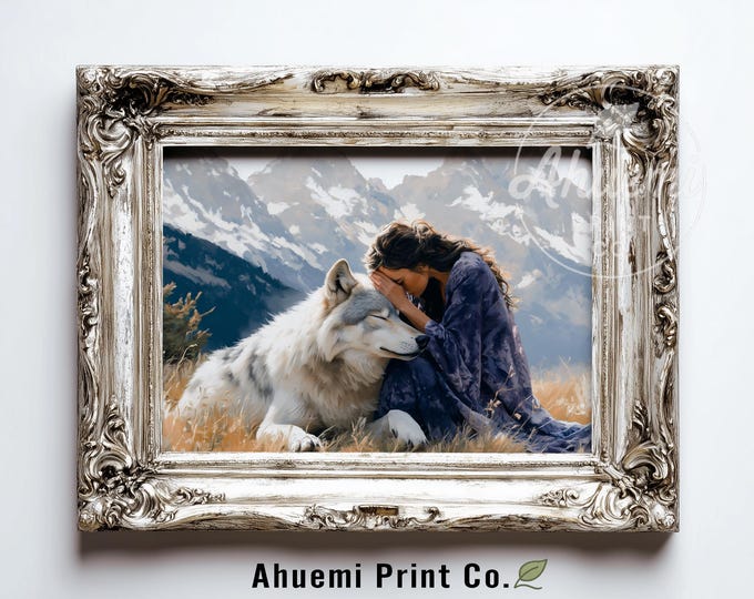 Rustic Woman and Wolf in Alpine Meadow - Moody Cottagecore Wall Art, Serene Nature Scene, Printable Vintage Digital Painting Download 541
