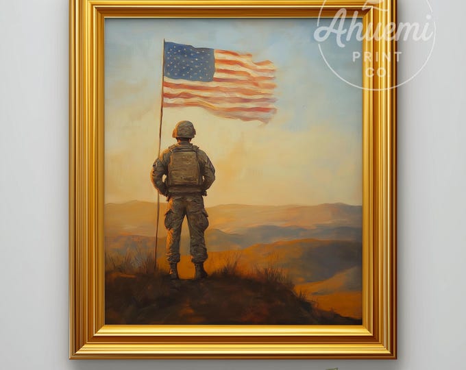 Patriotic Soldier with American Flag Painting - Printable Tribute Wall Art, Reverent Memorial Decor, Moody Landscape, Digital Download 457