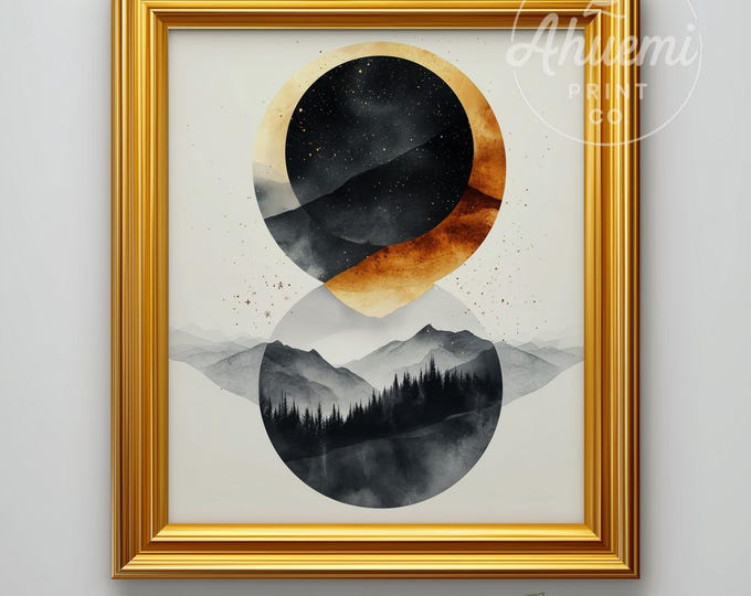 Rustic Mountainscape Watercolor Print – Moody Night Sky (Digital Printable)
