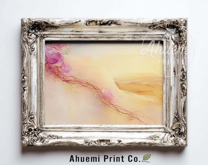 Minimalist Abstract Printable Art - Pastel Pink-Purple Ribbon & Golden Shape, Modern Watercolor Style Decor, Neutral Digital Download 522