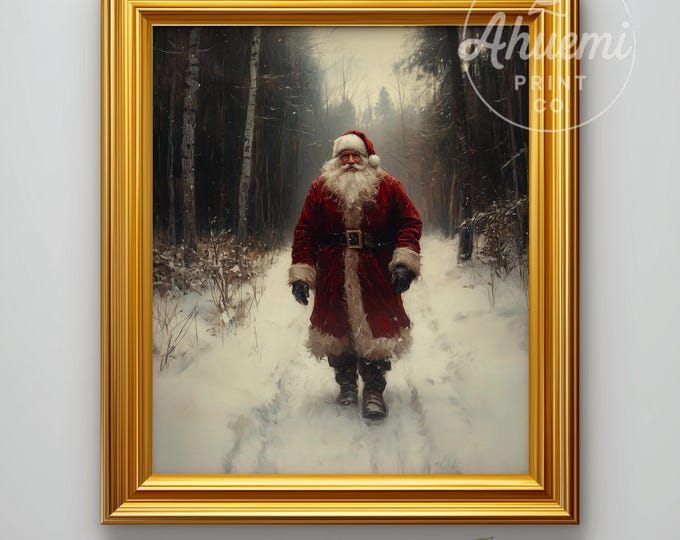 Vintage Santa Claus Art Print – Snowy Winter Path, Rustic Holiday Decor