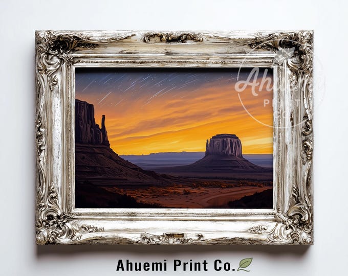 Rustic Desert Buttes at Twilight - Dramatic Moody Southwestern Landscape, Digital Illustration, Rustic Printable Art, Night Sky Download 560