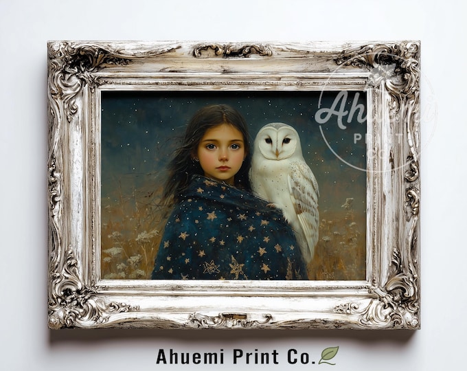 Moody Vintage Girl & Owl Portrait - Fantasy-Inspired Wall Art, Elegant Twilight Sky Painting, Printable Classical Art Digital Download 536
