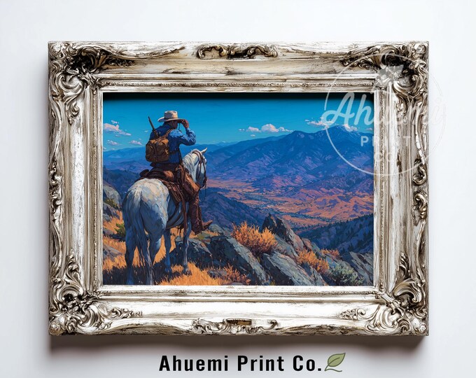 Rustic Cowboy and Horse Western Landscape Painting - Vintage Moody Sierra Scene, Printable Wall Decor, Earthy Digital Download 404