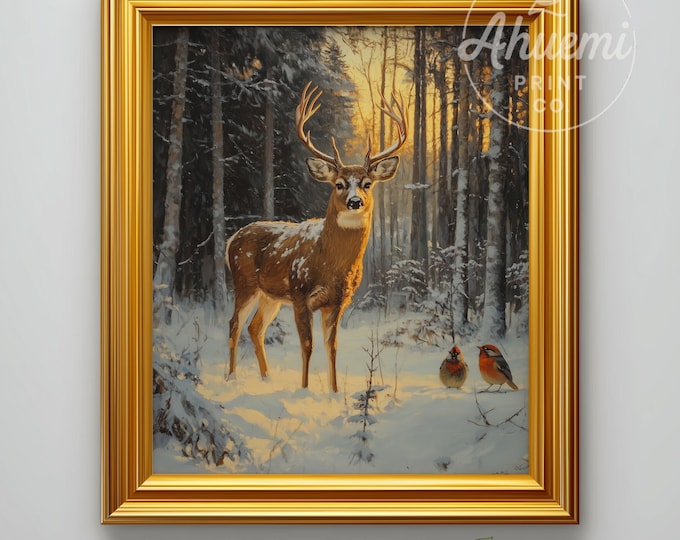 White-Tailed Buck Painting – Rustic Winter Wildlife Art, Cabin Decor (Printable Download)
