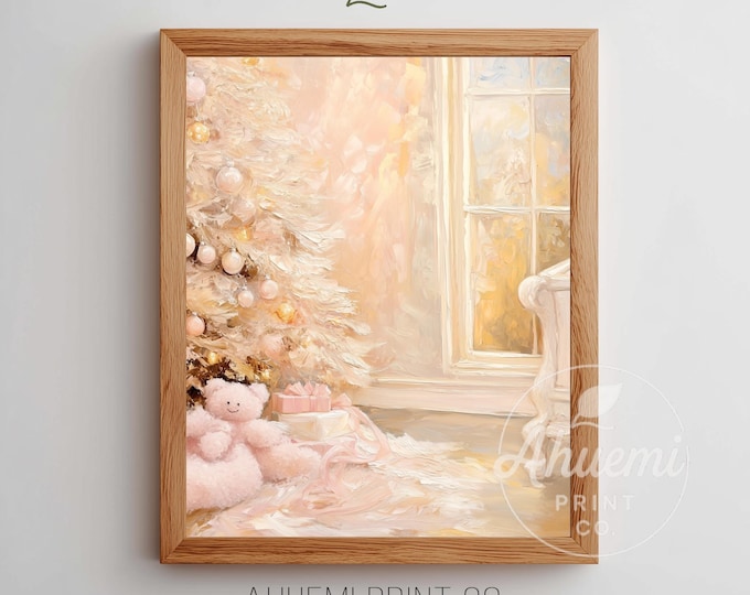 Pink Christmas Tree Art Print – Handmade Ornaments, Pastel Nursery Decor (Digital Download)