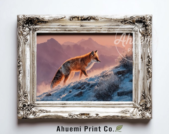 Moody Sierra Nevada Red Fox in Snow - Serene Wildlife Art, Dramatic Sunrise Lighting, Rustic Nature Landscape, Printable Wall Decor 377
